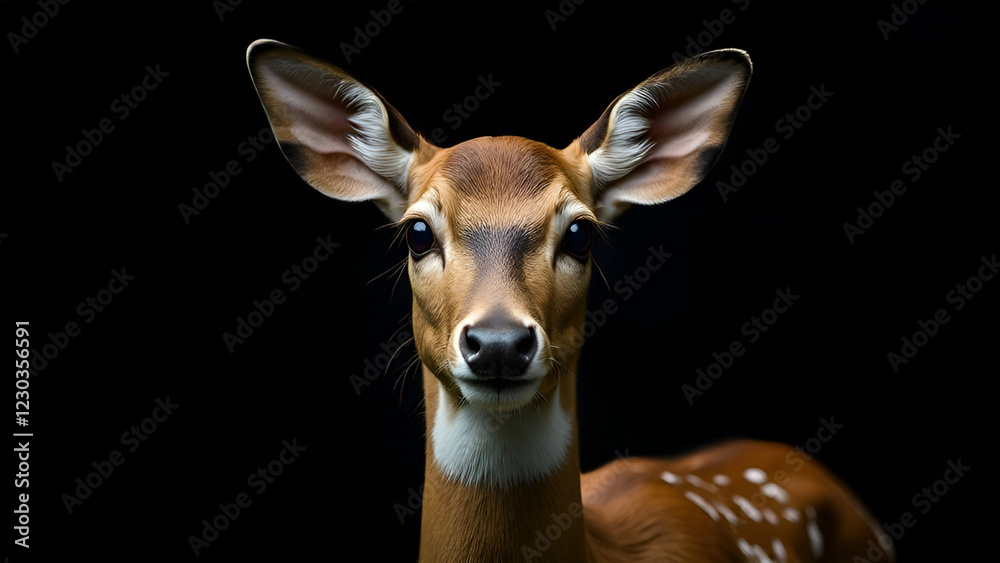 A beautiful deer is gazing curiously at the camera against a contrasting black background, creating a strikingly vivid image