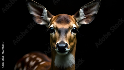 Obraz na płótnie A beautiful deer is gazing curiously at the camera against a contrasting black background, creating a strikingly vivid image w salonie