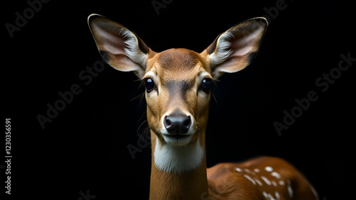 Obraz na płótnie A beautiful deer is gazing curiously at the camera against a contrasting black background, creating a strikingly vivid image w salonie