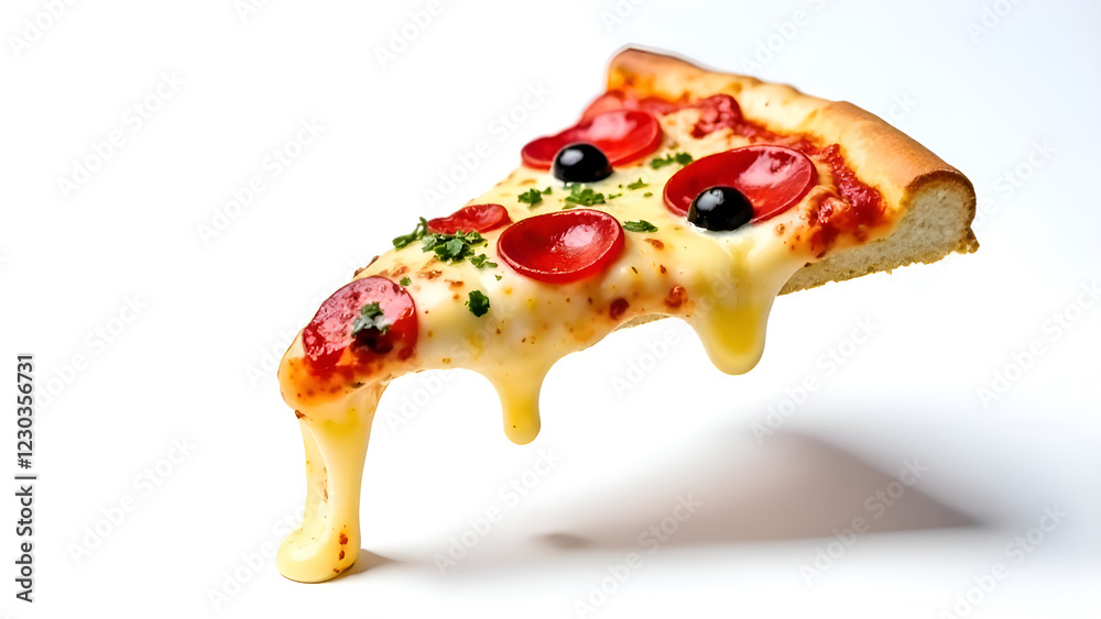 A delicious slice of pizza topped with pepperoni and gooey cheese is surprisingly floating in the air, defying all logic and physics