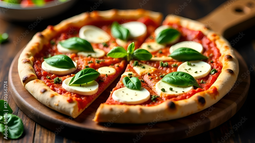 A delicious pizza topped with creamy mozzarella cheese and fresh basil leaves, beautifully presented on a rustic wooden cutting board
