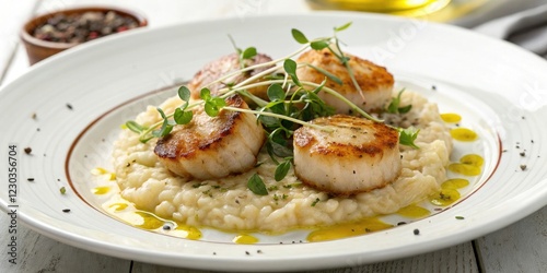 Seared scallops with truffle risotto and microgreens drizzled with extra virgin olive oil, gourmet appetizer, seared scallops