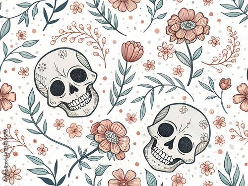 illustration with decorative skulls among flowers - seamless pattern for your design
