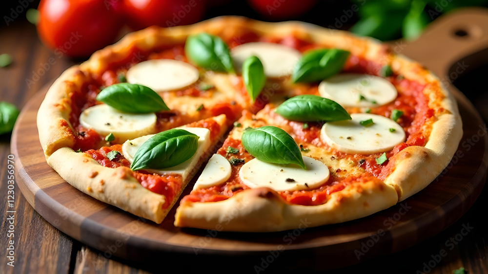 A delicious pizza topped with creamy mozzarella cheese and fresh basil leaves, beautifully presented on a rustic wooden cutting board