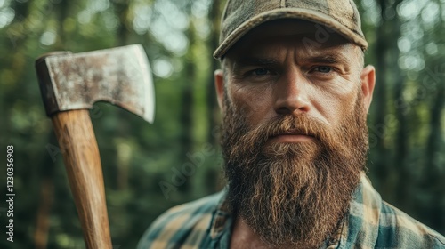 A bearded man wearing a cap stands confidently with an axe, showcasing a rugged persona amid the lush greenery of a forest, embodying strength and practicality. photo