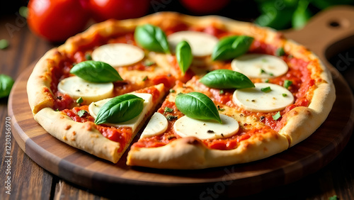 Obraz na płótnie A delicious pizza topped with creamy mozzarella cheese and fresh basil leaves, beautifully presented on a rustic wooden cutting board w salonie