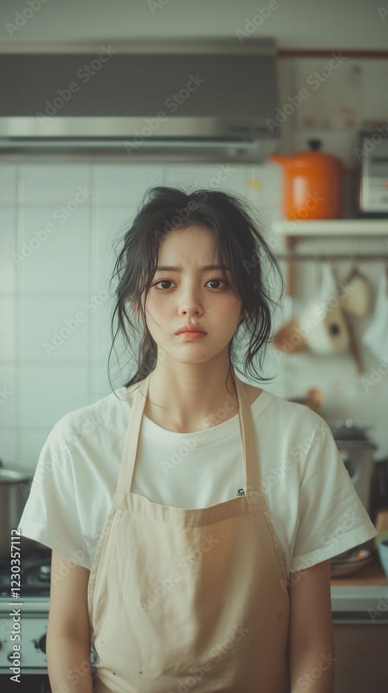 Young woman in casual attire stands in a cozy kitchen preparing for meal preparation in a relaxed atmosphere. Generative AI