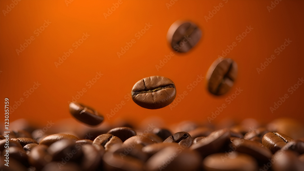 A cascade of coffee beans gracefully tumbling down onto a vibrant pile of coffee beans, all set against a lively orange background
