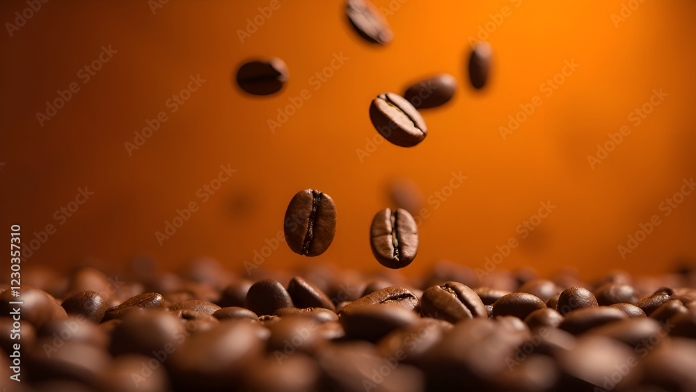 A cascade of coffee beans gracefully tumbling down onto a vibrant pile of coffee beans, all set against a lively orange background