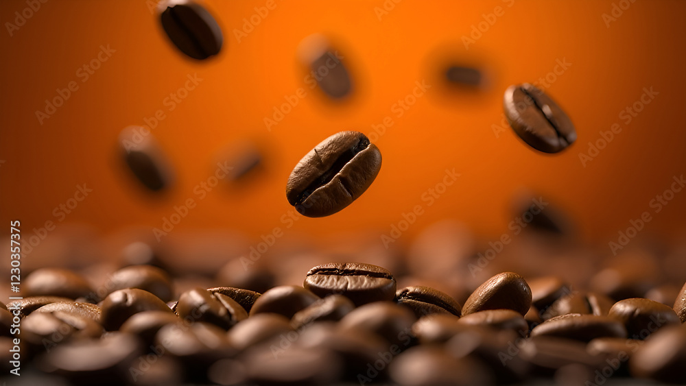 A cascade of coffee beans gracefully tumbling down onto a vibrant pile of coffee beans, all set against a lively orange background