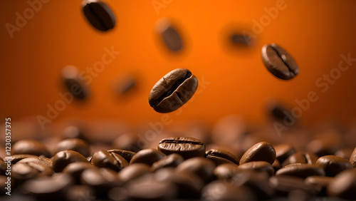 A cascade of coffee beans gracefully tumbling down onto a vibrant pile of coffee beans, all set against a lively orange background