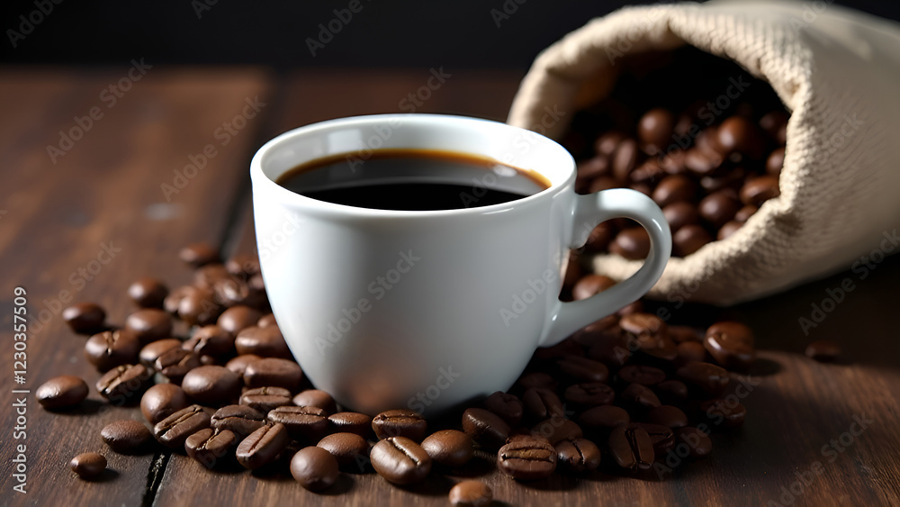 A warm cup of freshly brewed coffee sitting next to a bag filled with aromatic coffee beans, bringing a delightful coffee experience