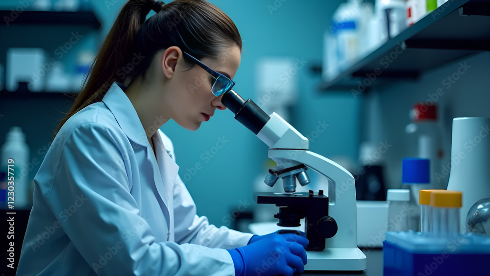 A female medic looking through a microscope