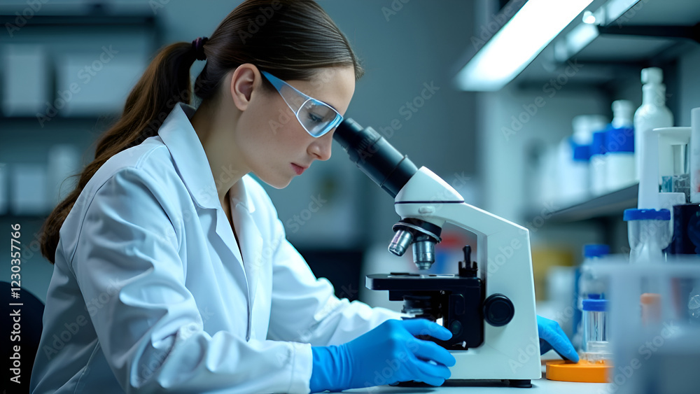 A female medic looking through a microscope