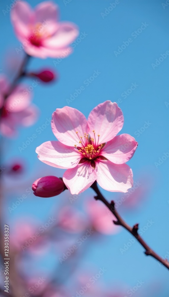 A sakura flower in full bloom against a blue sky, nature, blossom color, flowers A sakura flower in full bloom against a blue sky, nature, blossom color, flowers