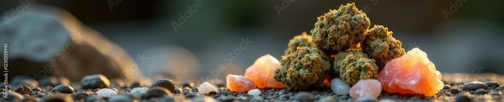 Fototapeta premium Colorful dried marijuana buds stacked with Himalayan salt, himalayan salt, rocky terrain