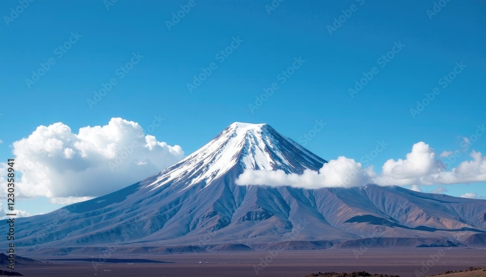 Snow-capped Cotopaxi volcano against clear blue sky with puffy white clouds, volcano, peaks, landscape Snow-capped Cotopaxi volcano against clear blue sky with puffy white clouds, volcano, peaks, landscape