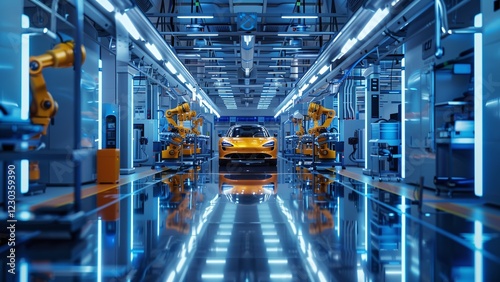 High-Tech Electric Car Factory: Automated Robotic Arms and Conveyor Belts in a Modern Production Line
