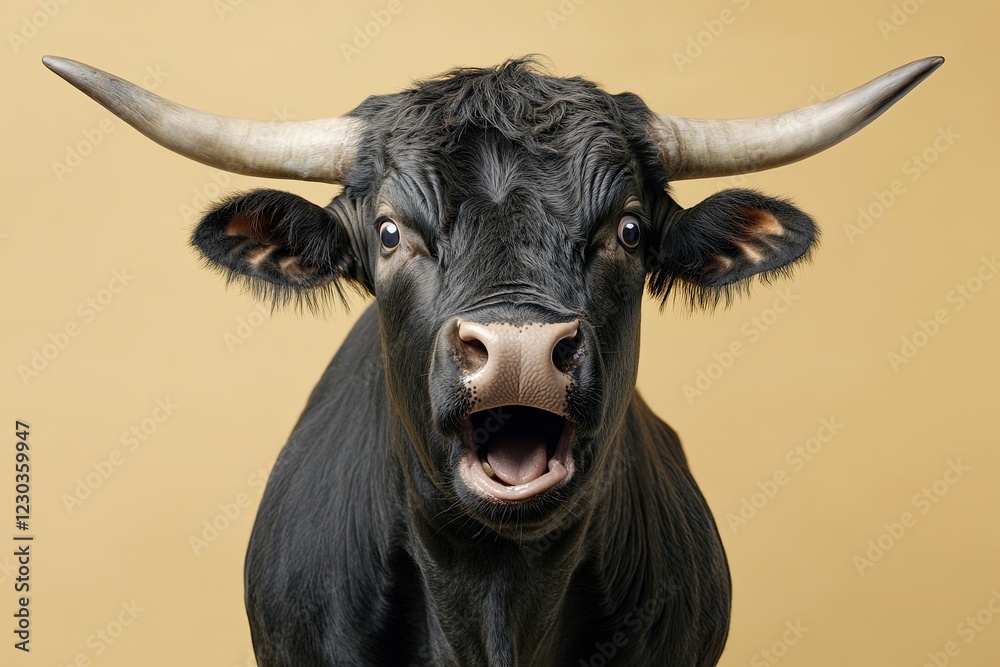 Naklejka premium the bull is scared. shock. on a plain colored background. frightened facial expression. fear, hair on end