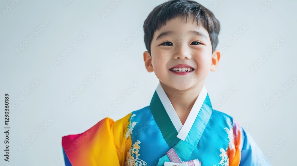 Happy Young Boy Wearing Traditional Korean Hanbok Clothing Happy Young Boy Wearing Traditional Korean Hanbok Clothing