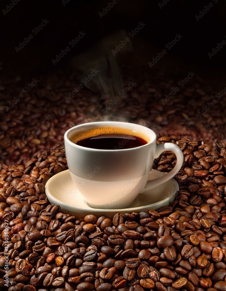 Taza de café, sobre una montaña de granos de café arabica tostados. Taza de café, sobre una montaña de granos de café arabica tostados.