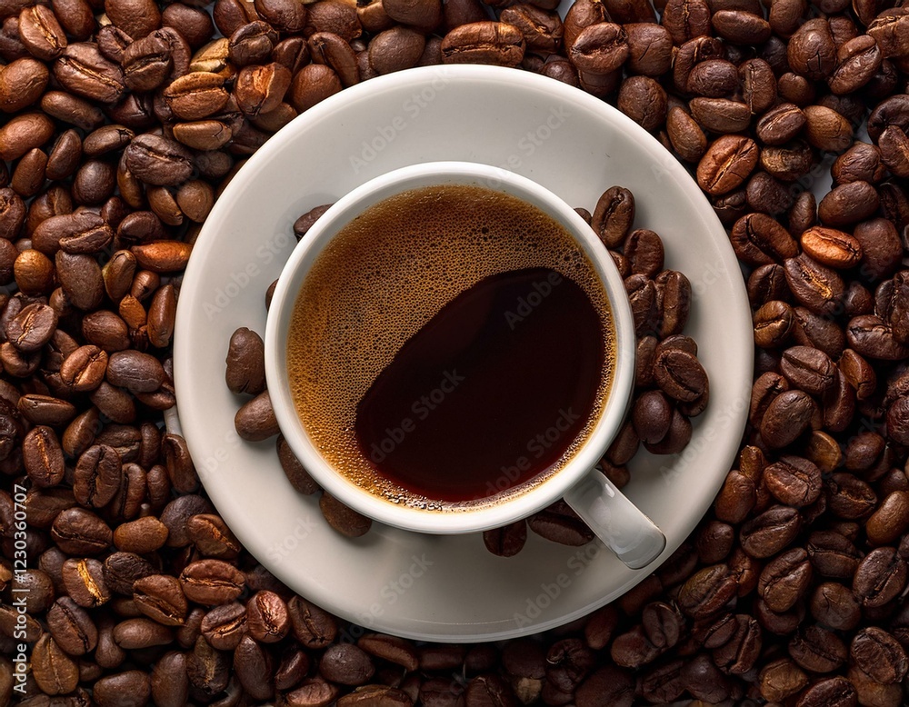 Fototapeta premium Taza de café, sobre una montaña de granos de café arabica tostados.