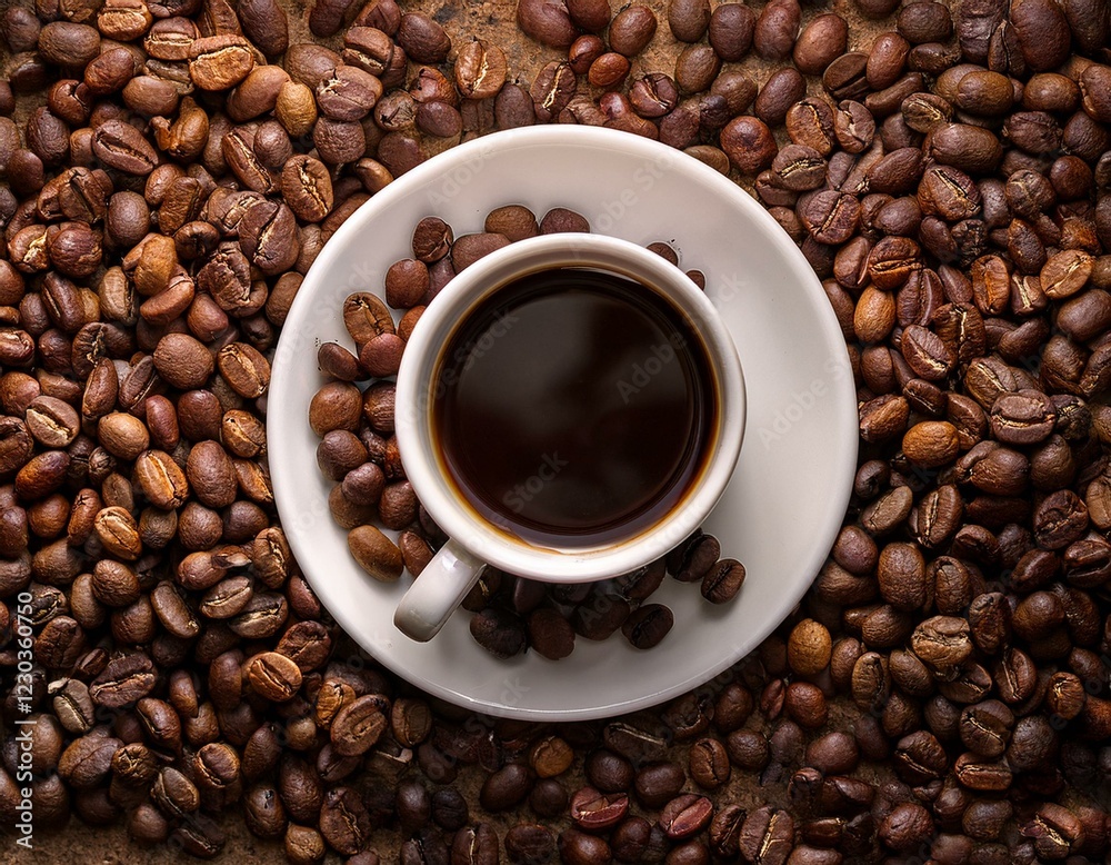 Fototapeta premium Taza de café, sobre una montaña de granos de café arabica tostados.