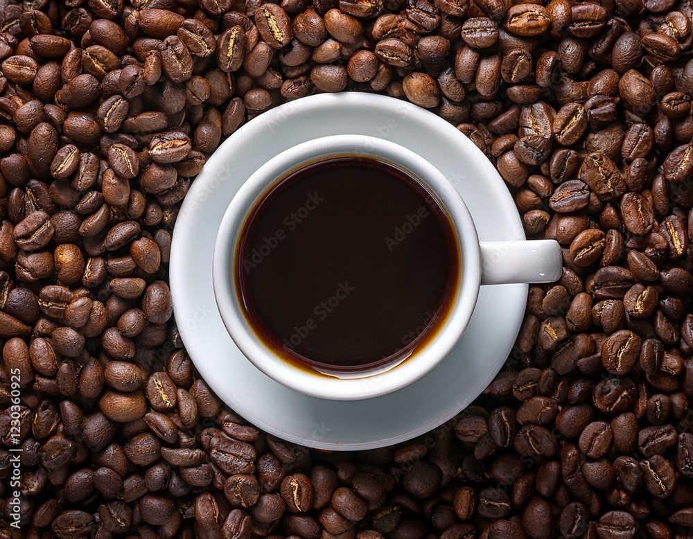 Taza de café, sobre una montaña de granos de café arabica tostados. Taza de café, sobre una montaña de granos de café arabica tostados.