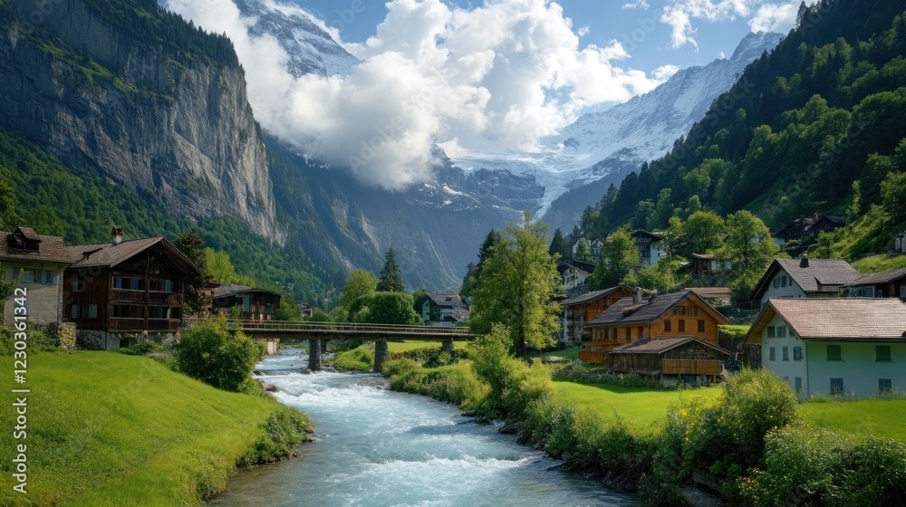 Obraz premium Swiss Alps Village with River and Bridge