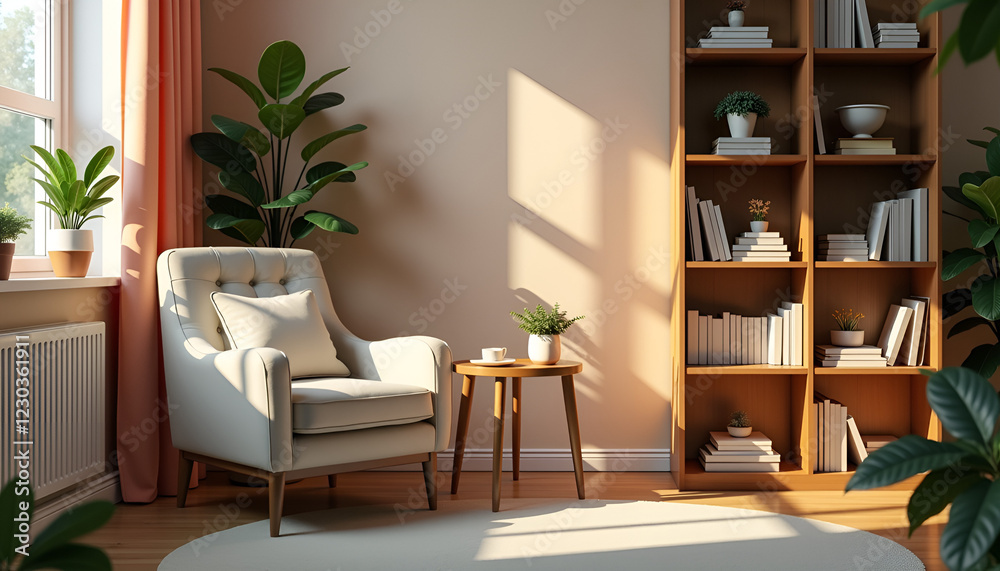 Cozy reading nook with comfortable armchair and bookshelf surrounded by greenery creating a relaxing atmosphere
Cozy reading nook with comfortable armchair and bookshelf surrounded by greenery creating a relaxing atmosphere