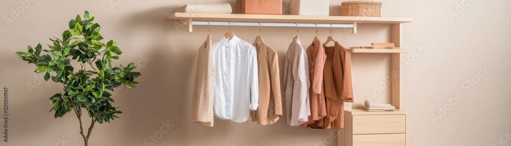 Stylish wardrobe setup showcasing minimalistic clothing and decor. Stylish wardrobe setup showcasing minimalistic clothing and decor.