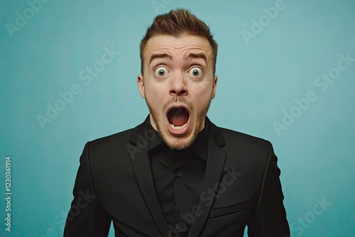 the man in the suit is scared. shock. on a plain colored background. studio photo. hair on end
