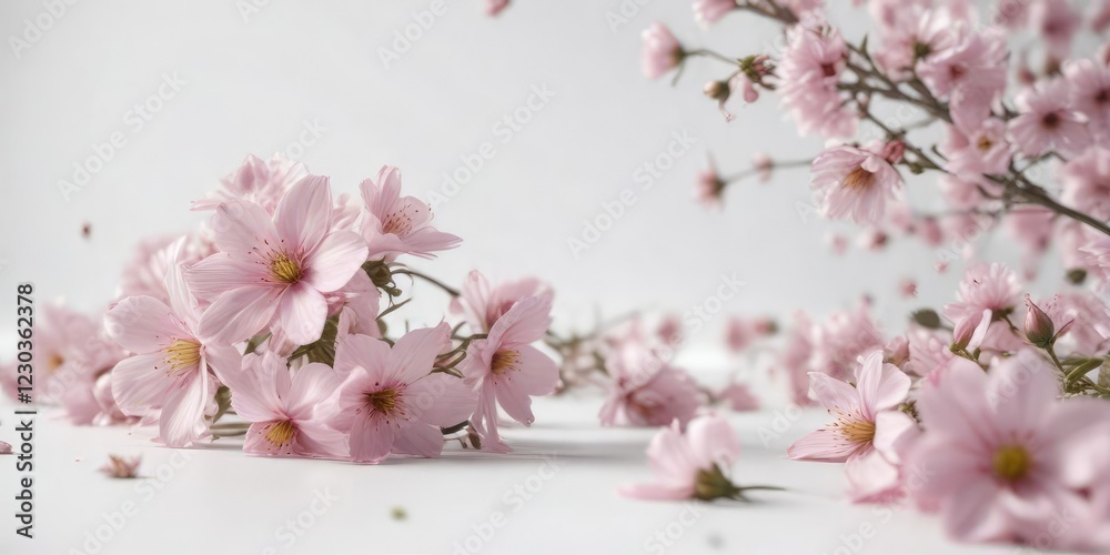 Fototapeta premium Soft pink flowers scattered on a white background, soft pink, love flowers, roses