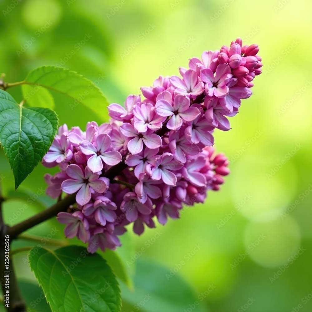 Lilac branch laden with heavy clusters of purple flowers and green leaves, branches, flowers Lilac branch laden with heavy clusters of purple flowers and green leaves, branches, flowers
