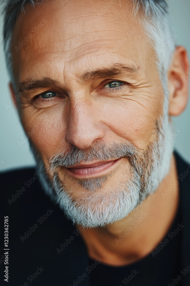 A man with a white beard and blue eyes is smiling. He is wearing a black shirt and a black jacket A man with a white beard and blue eyes is smiling. He is wearing a black shirt and a black jacket