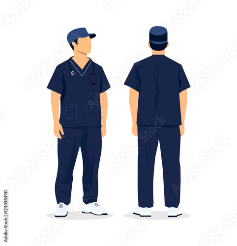 Vector illustration of a male healthcare worker in navy blue medical scrubs, shown from the front and back. Perfect for medical, hospital, and professional healthcare-related designs.