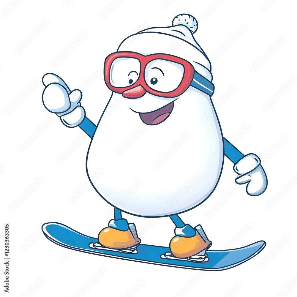 Fototapeta premium Cartoon character snowman on a snowboard, cheerful expression, winter sports theme