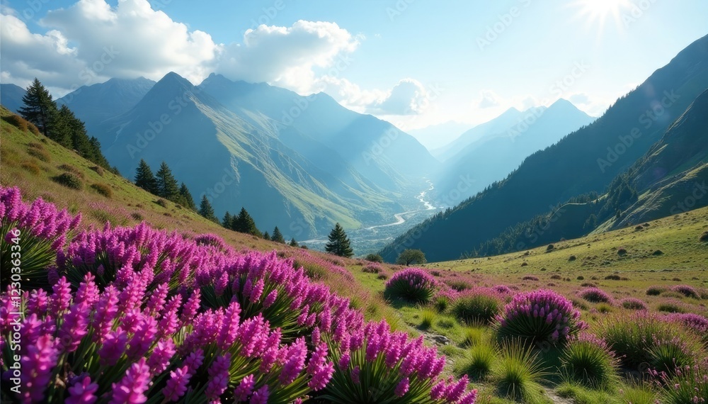 Majestic mountains in the background with purple heather blooming, nature, hills, west highland way Majestic mountains in the background with purple heather blooming, nature, hills, west highland way