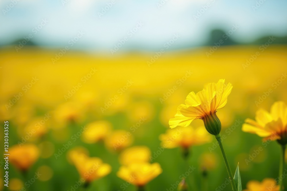 Fototapeta premium Marigold field in soft focus with gentle breeze, peaceful, marigold field, yellow