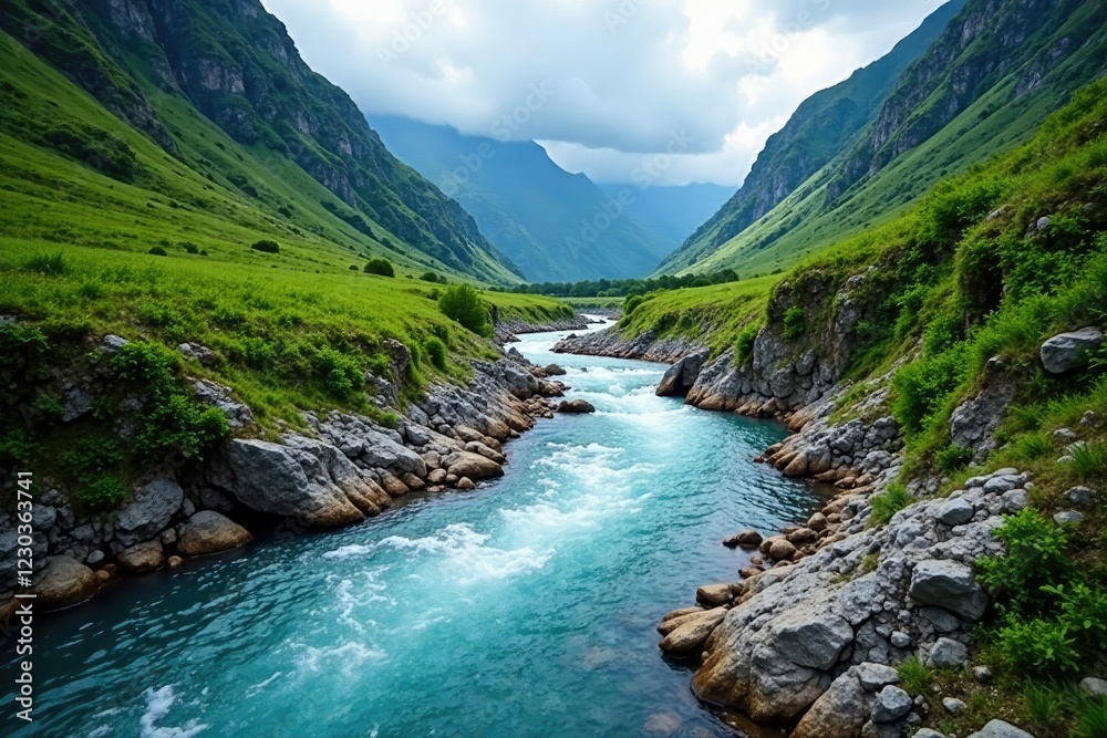 River flowing through a narrow mountain valley, landscape, scenery