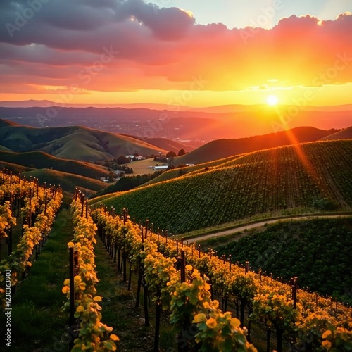 Rolling hills of vineyards on Silverado Trail at sunrise, golden hour, wine country, sun rise photo