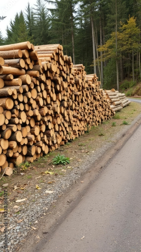 Pile of pulpwood and sawlog stacked along the road, sawlog, stacked Pile of pulpwood and sawlog stacked along the road, sawlog, stacked