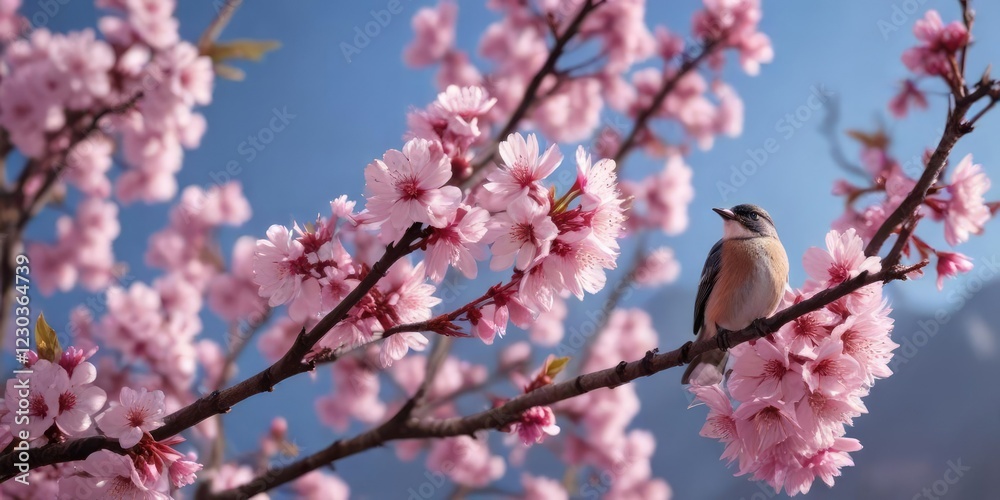 Pink cherry blossoms with a small bird perched on top, pink flowers, garden Pink cherry blossoms with a small bird perched on top, pink flowers, garden