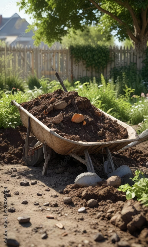 Fototapeta premium Pitchfork and compost heap against a garden wheelbarrow background, soil enrichment, composting, natural fertilizers