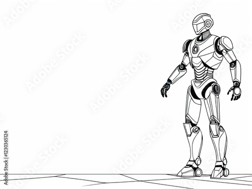 Futuristic robot line art with copy space, perfect for coloring, tech concepts photo