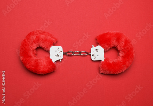 Red sexy fluffy handcuffs on a red