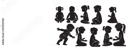 Set of baby and toddler silhouette isolated on white background. Sitting, crawling and standing. Vector illustration
