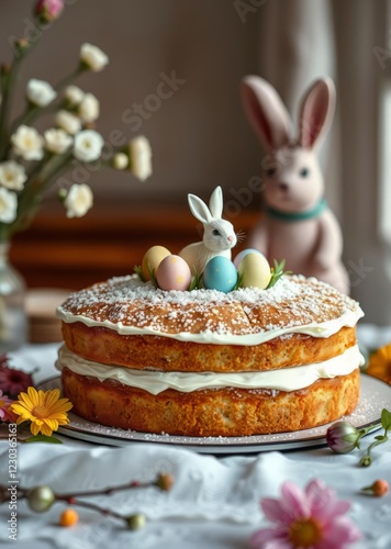 Traditional sugar-topped easter cake with colored easter eggs and easter bunny table decoration spring holidays closeup easter egg holiday illustration celebration easter
