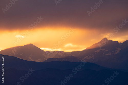 Beautiful landscape view of the sunset in the Rocky Mountains in Colorado.