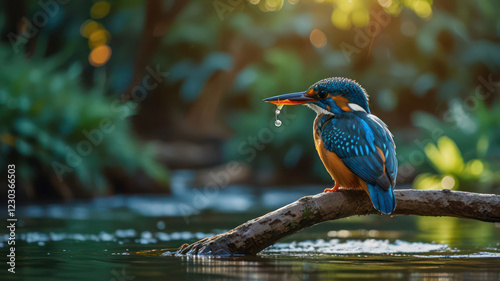 A kingfisher sitting on a branch overhanging a river, its vibrant blue and orange feathers glowing in the sunlight, with a blurred background of flowing water and greenery. photo